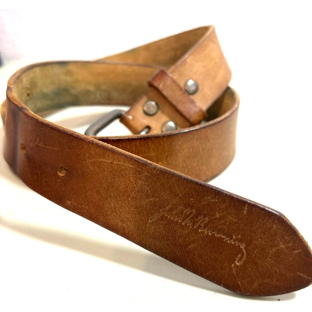 John M. Browning Brown Leather Belt‎ Textured Grip Metal Buckle Sz36 Biker Tough